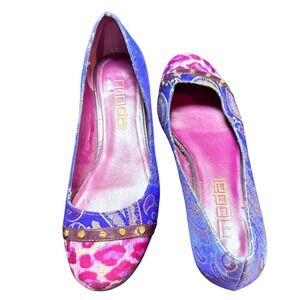 Moda Spana Women Blue Paisley Pink Leopard Calf Hair Studded Kitten Heels 6M